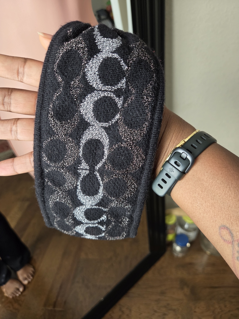 Coach Black Headband with Silver Signature Pattern